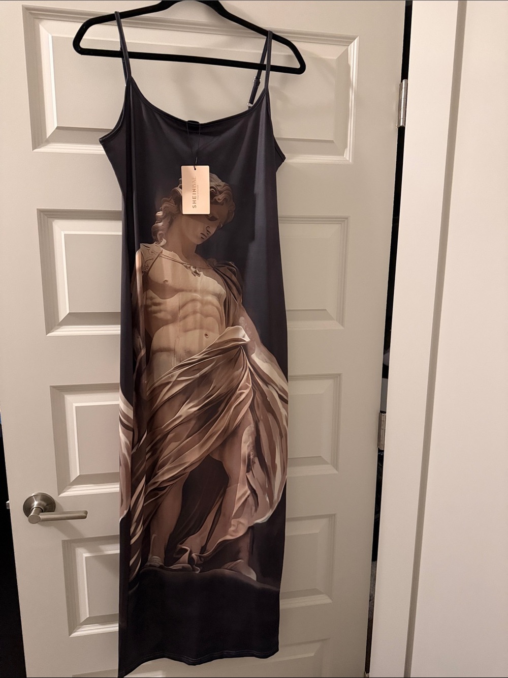 Sculptural Print Satin Slip Dress in Black and Taupe